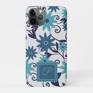 Capa Para iPhone 11 Pro Padrão de flor de tartaruga azul de monograma ele