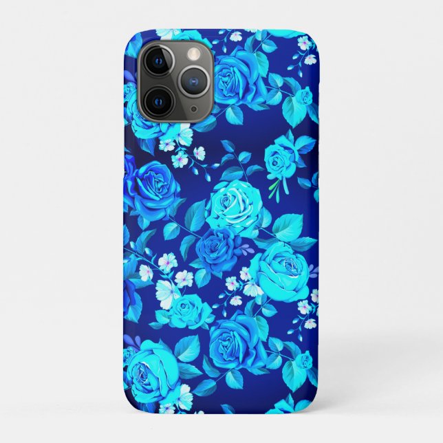 Capa Para iPhone 11 Pro Padrão de Flores de Rosa Azul Clássico-87600 (Verso)
