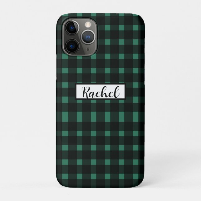 Capa Para iPhone 11 Pro Padrão de Gingham Verde Preto (Verso)