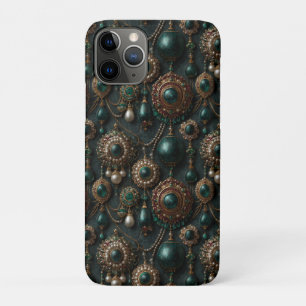 Capa Para iPhone 11 Pro Padrão de Joias de Esmeralda e Pérola Vintage de L