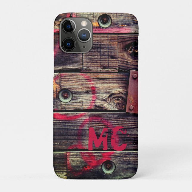 Capa Para iPhone 11 Pro Padrão De Madeira Rústica Industrial Monogramada (Verso)