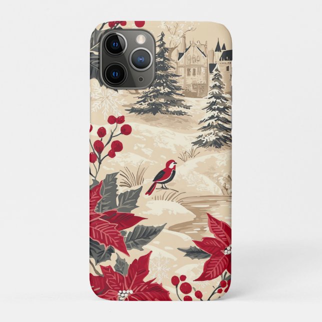 Capa Para iPhone 11 Pro Padrão de Natal Rustic Bird and Poinsettia (12) (Verso)