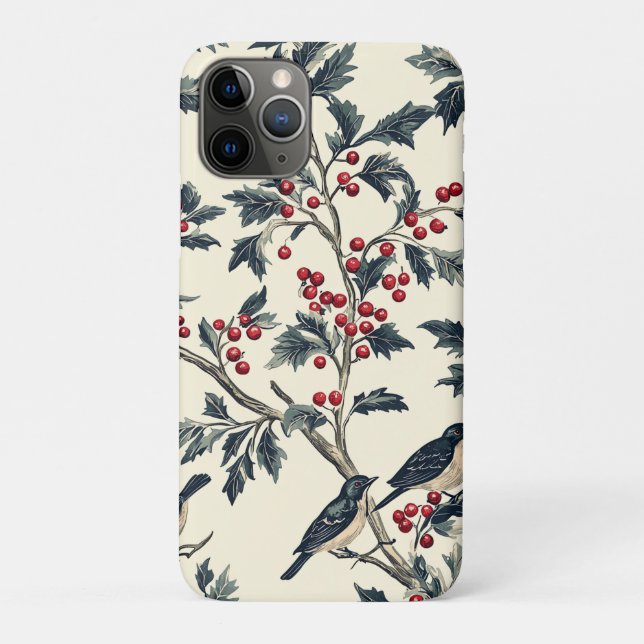 Capa Para iPhone 11 Pro Padrão de Natal Rustic Bird and Poinsettia (18) (Verso)