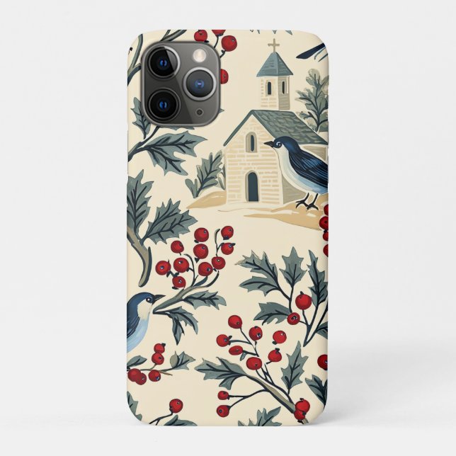 Capa Para iPhone 11 Pro Padrão de Natal Rustic Bird and Poinsettia (19) (Verso)