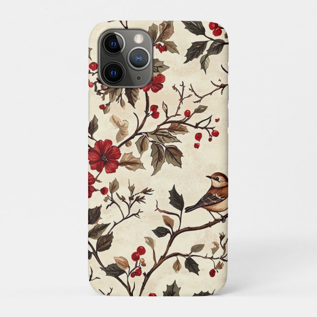Capa Para iPhone 11 Pro Padrão de Natal Rustic Bird and Poinsettia (22) (Verso)