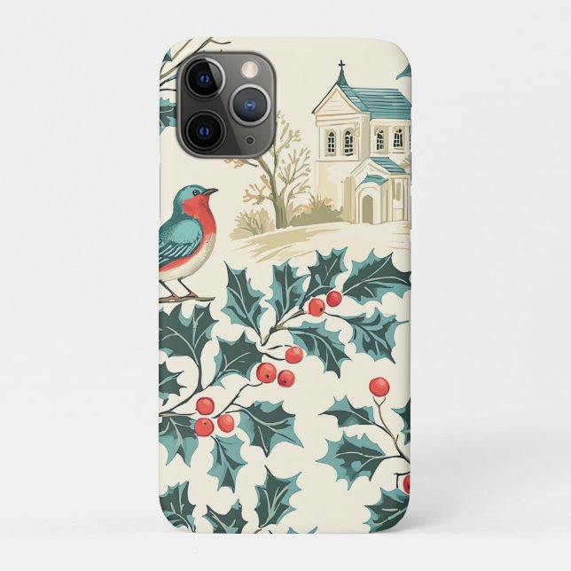 Capa Para iPhone 11 Pro Padrão de Natal Rustic Bird and Poinsettia (7) (Verso)