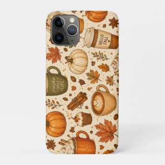 Capa Para iPhone 11 Pro Padrão de Outono do Café com Tempero de Abóbora
