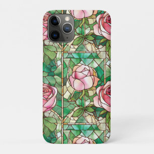 Capa Para iPhone 11 Pro Padrão de Vidro Pintado Falso de Rosa Rosa Elegant