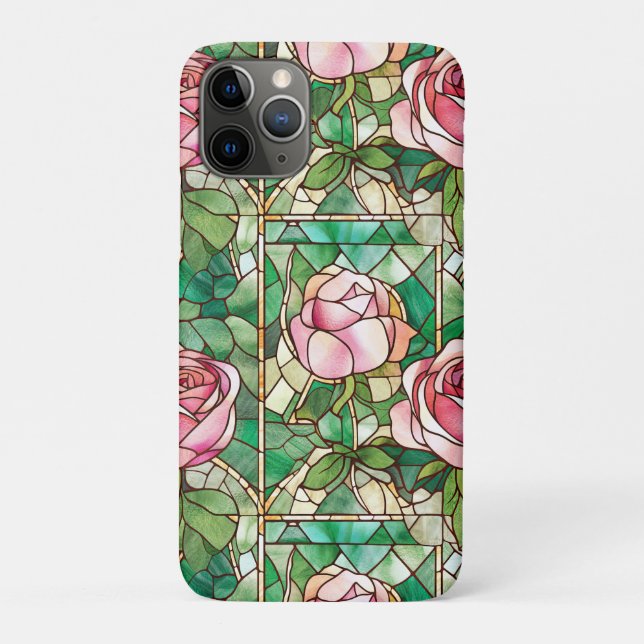 Capa Para iPhone 11 Pro Padrão de Vidro Pintado Falso de Rosa Rosa Elegant (Verso)