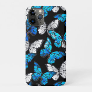 Capa Para iPhone 11 Pro Padrão Escuro Sem Costura com Borboletas Azuis Mo