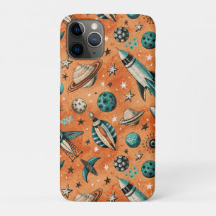 Capa Para iPhone 11 Pro Padrão Espacial Foguete Retro Terracota Teal