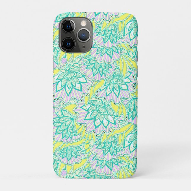 Capa Para iPhone 11 Pro Padrão floral verde-amarelo (Verso)
