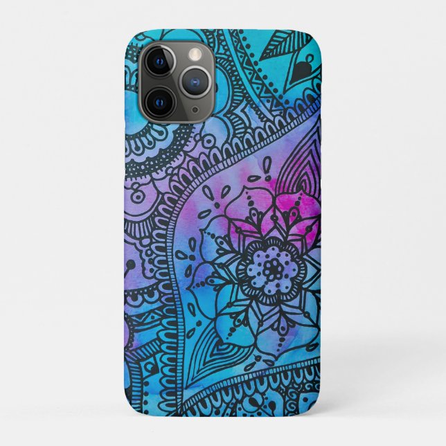 Capa Para iPhone 11 Pro Padrão Hippie Floral - Azul Por Megaflora (Verso)