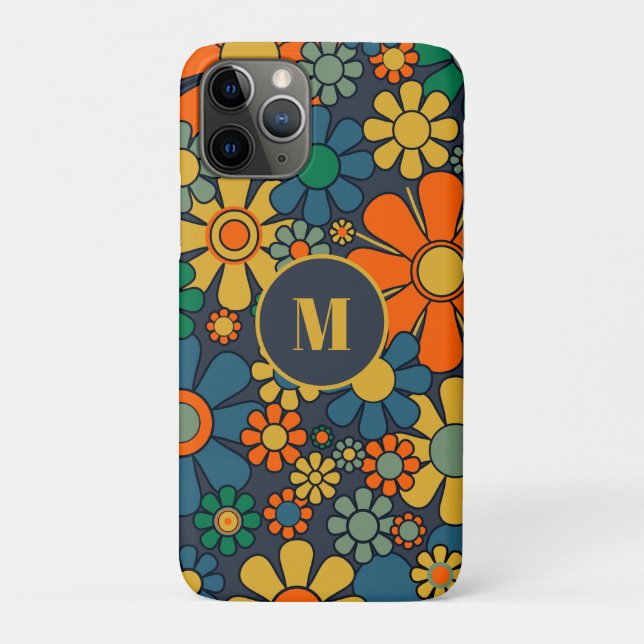 Capa Para iPhone 11 Pro Padrão inicial do Groovy Floral 60s 70s (Verso)