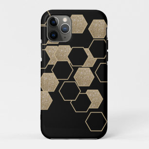 Capa Para iPhone 11 Pro Padrão na moda geométrico preto e ouro hexágono