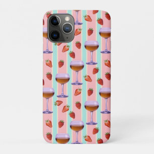 Capa Para iPhone 11 Pro Padrão Pastel com Copos de Vinho e Morangos