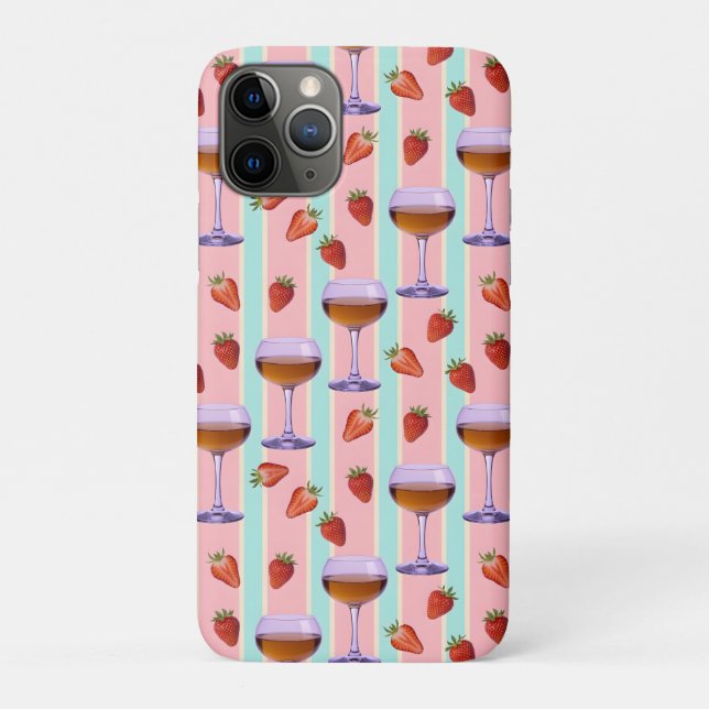 Capa Para iPhone 11 Pro Padrão Pastel com Copos de Vinho e Morangos (Verso)