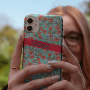Capa Para iPhone 11 Pro Padrão Personalizado de Poppies Vermelhos e Aqua