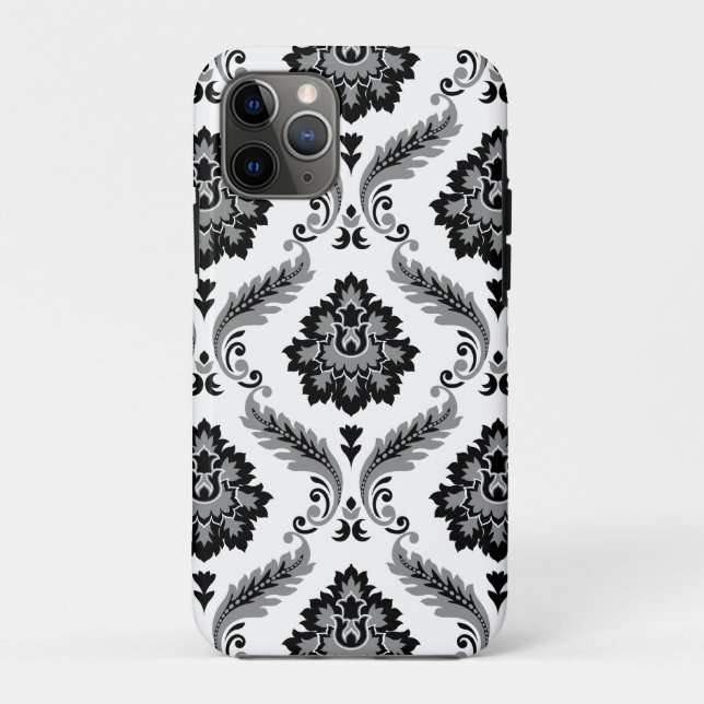 Capa Para iPhone 11 Pro Padrão Rococó Damask Cinza Preto Branco (Verso)