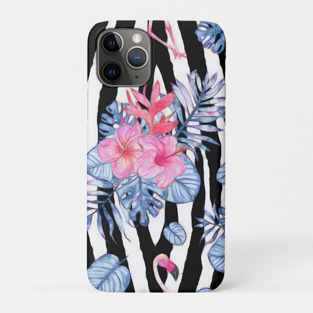 Capa Para iPhone 11 Pro Padrão Zebra com Hibisco Tropical e Flamingos (Verso)
