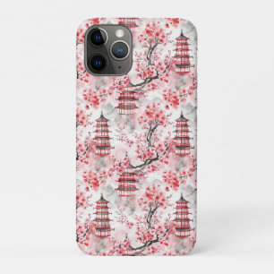 Capa Para iPhone 11 Pro Pagoda Chinesa Aquarela com Blossomas de Cereja (9