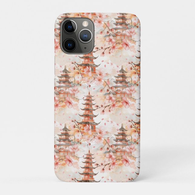 Capa Para iPhone 11 Pro Pagode Chinesa em Aquarela com Flores de Cerejeira (Verso)