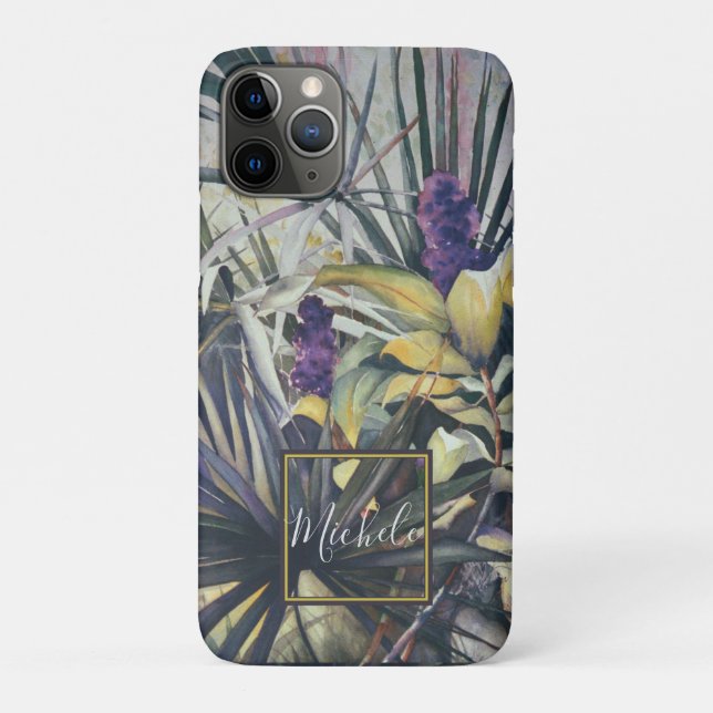Capa Para iPhone 11 Pro Palmas Tropicais Hiacintos Roxos Monograma (Verso)