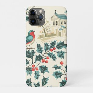 Capa Para iPhone 11 Pro Pássaro Azul Azevinho Natal Inverno Igreja