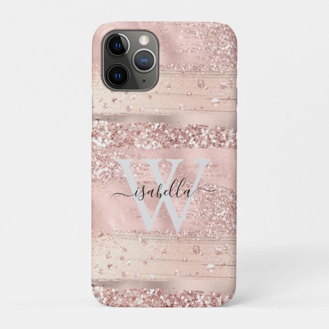 Capa Para iPhone 11 Pro Pinceladas de Pincel em Dourado Rosa Glitter Monog (Verso)