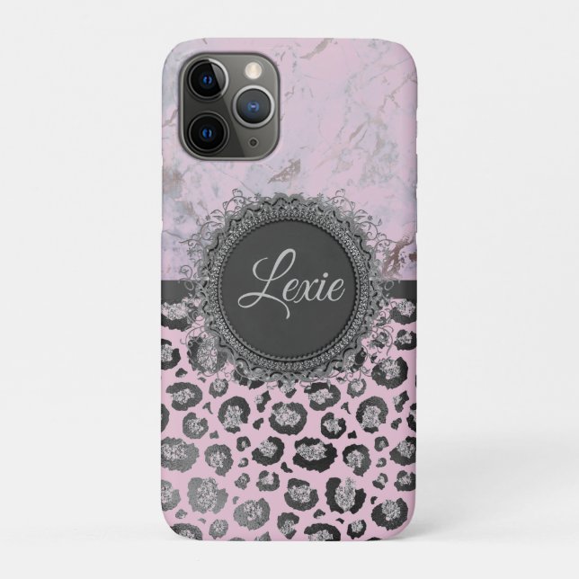 Capa Para iPhone 11 Pro Pink Blush Marble Glittery Leopard Personaliza (Verso)