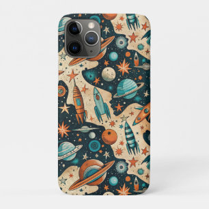 Capa Para iPhone 11 Pro Plano de berçário retro espaçial de foguete planet