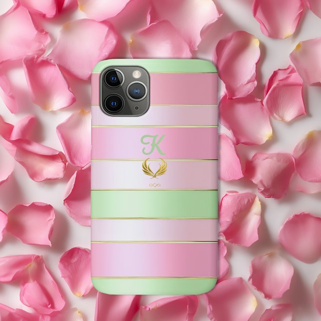 Capa Para iPhone 11 Pro Posh Monogramado Rosa e Verde Pastel  (Luxe Pastel Pink and Green Phone Case )