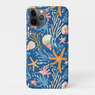 Capa Para iPhone 11 Pro Praia Retro Conchas Laranja Rosa Amarelo Azul