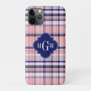 Capa Para iPhone 11 Pro Preppy branco, Marinho rosa, Madras Quatrefoil Mon