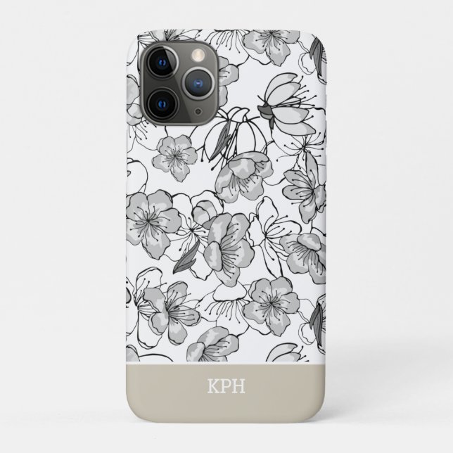Capa Para iPhone 11 Pro Preto Floral, Branco e Tom com Monograma (Verso)