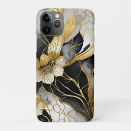 Capa Para iPhone 11 Pro Preto Floral Japonês Dourado