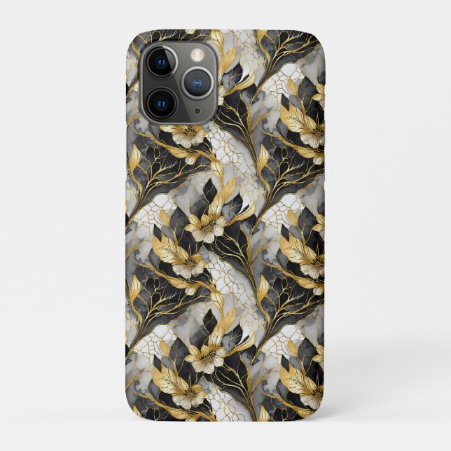 Capa Para iPhone 11 Pro Preto Floral Japonês Dourado (Verso)