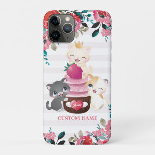 Capa Para iPhone 11 Pro Quadrinhos Quimsos De Cartoon Floral Gatos Cupcake