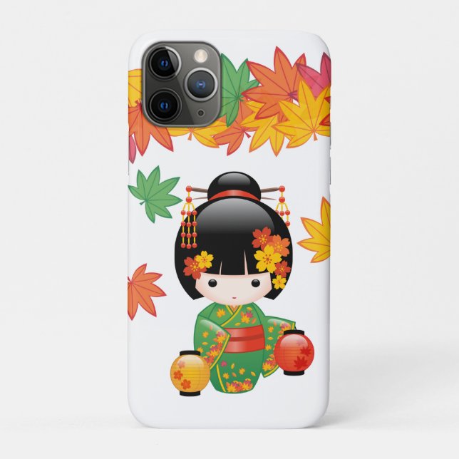 Capa Para iPhone 11 Pro Quimono Verde Outono Boneca Kokeshi Folhas de Bord (Verso)