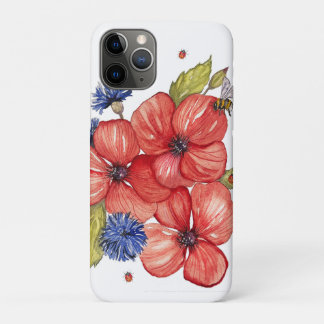 Capa Para iPhone 11 Pro Red Poppy and Blue Cornflower Watercolor