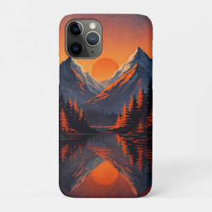 Capa Para iPhone 11 Pro Reflexo do Pôr do Sol na Montanha com Céu Laranja