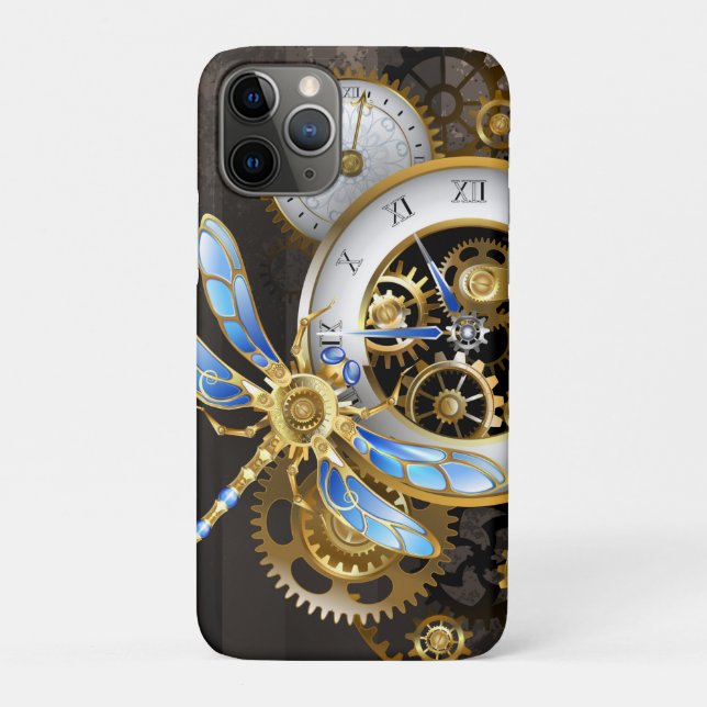 Capa Para iPhone 11 Pro Relógio Steampunk com Dragonfly Mecânica (Verso)