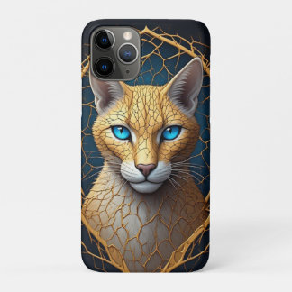 Capa Para iPhone 11 Pro Retrato de Gato Dourado com Moldura Geométrica Pre