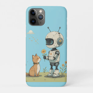 Capa Para iPhone 11 Pro Robô Fofo Dá Flor ao Gato Arte Infantil Saudável
