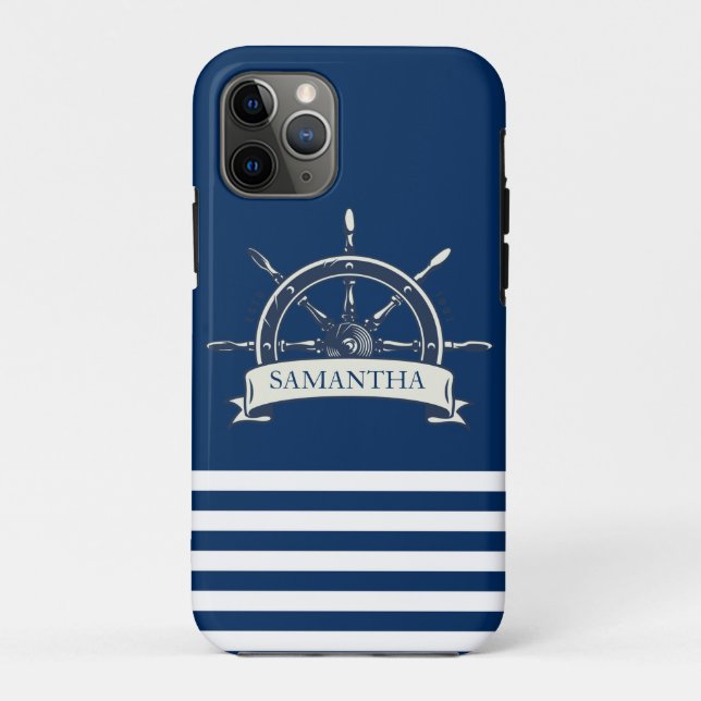 Capa Para iPhone 11 Pro Roda de Barco Náutico, Listras Azul-Marinho (Verso)