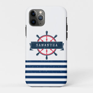 Capa Para iPhone 11 Pro Roda Náutica De Barco, Marinho Blue Stripes