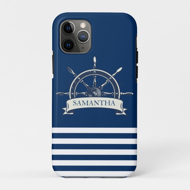 Capa Para iPhone 11 Pro Roda Náutica De Barco, Marinho Blue Stripes (Back)
