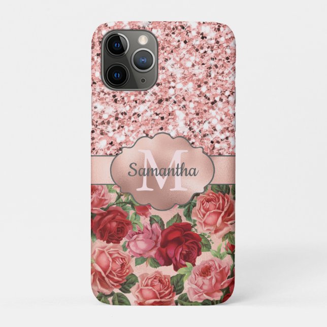 Capa Para iPhone 11 Pro Rosa Floral rosa Glitter Dourado Monograma (Verso)