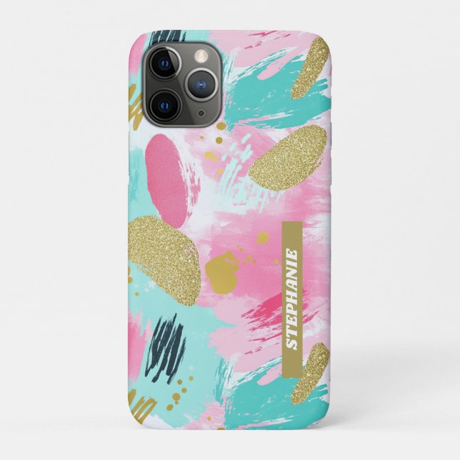 Capa Para iPhone 11 Pro Rosa Menta Suave Dourado Primavera Pinceladas Abst (Verso)