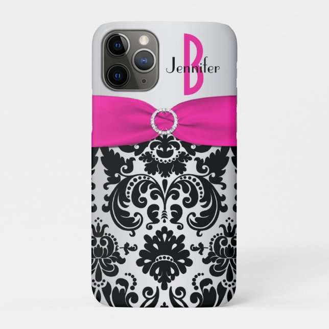 Capa Para iPhone 11 Pro Rosa Personalizado, Preto, Damasco Prateado (Verso)